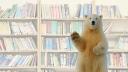 A polar bear waving in front of a bookshelf filled with colorful books